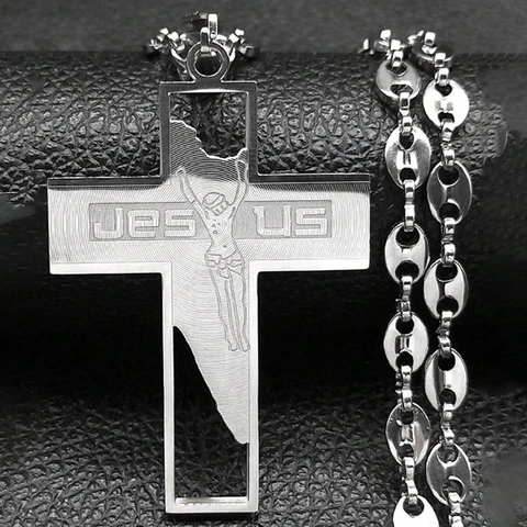 Heren Roestvrij Staal Jezus Kruis Hanger Halsketting Geborsteld Zilver Uitgehold Religieus Sieraden Cadeau Voor Mannen
