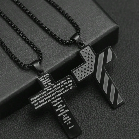 Roestvrijstalen Kruis Hanger Ketting Voor Mannen Vrouwen Hip Hop Amerikaanse Vlag Sterren Strepen Onzevader Gegraveerde Sieraden