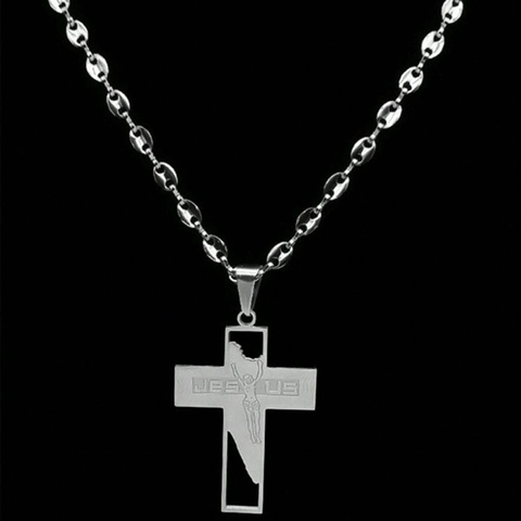 Heren Roestvrij Staal Jezus Kruis Hanger Halsketting Geborsteld Zilver Uitgehold Religieus Sieraden Cadeau Voor Mannen