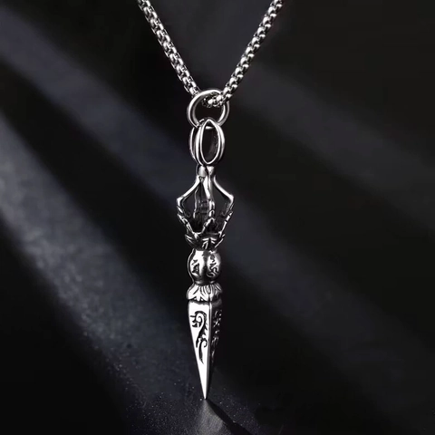 Retro Stainless Steel Vajra Pestle Pendant Necklace Amulet Religious Ethnic Style Jewelry For Men Women Fashion Sweater Chain