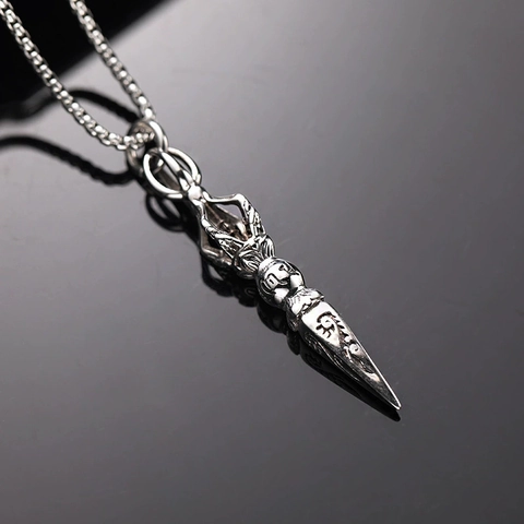 Vintage Titanium Steel Vajra Pestle Pendant Necklace Phurba Buddhist Amulet Protection Hip Hop Punk Jewelry For Men