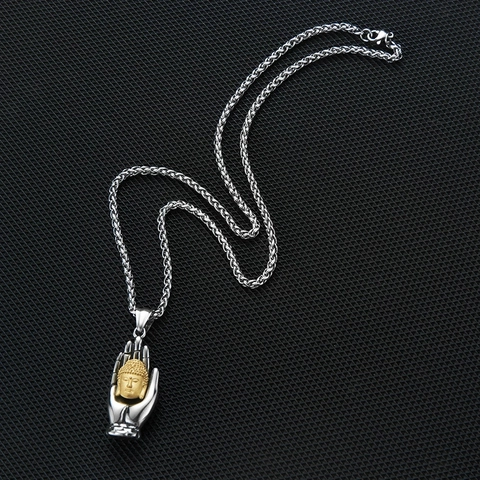 Vintage Roestvrij Stalen Boeddha in Palm Hanger Ketting Voor Heren Tweekleurig Goud Zilver Religieuze Mode Sieraden Cadeau
