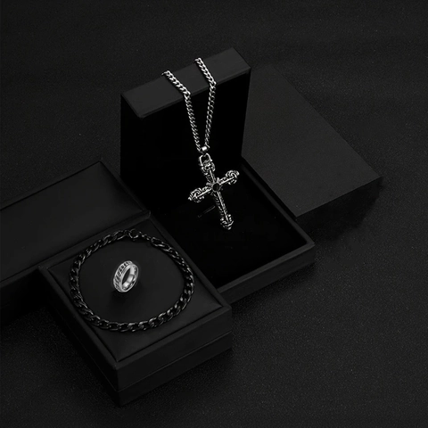 Heren Roestvrijstalen Hiphop Sieraden Kruis Hanger Ketting Cubaanse Ketting Armband En Draaiende Ketting Ring Vintage Gothic Punk Stijl Zilver Zwart