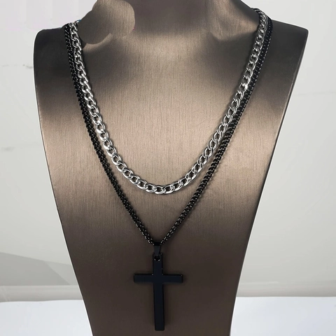 Men's Double Layered Stainless Steel Cross Pendant Necklace Silver Cuban Link Black Chain Punk Street Jewelry
