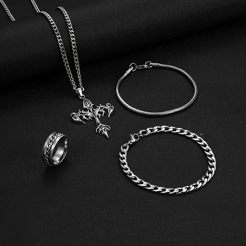 Edelstahl Punk Kreuz Anhänger Halskette Panzerkette Schlangenknochen Armband Ring Vintage Schmuckset Für Herren