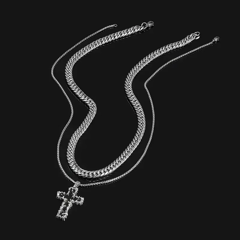 Collana con Pendente a Croce Lavica in Acciaio Inossidabile Hip Hop a Strati Catena Curb per Uomo Donna Argento Strass Punk Gioielli