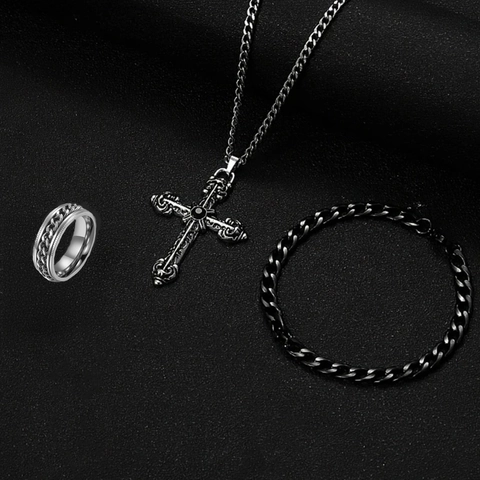 Heren Roestvrijstalen Hiphop Sieraden Kruis Hanger Ketting Cubaanse Ketting Armband En Draaiende Ketting Ring Vintage Gothic Punk Stijl Zilver Zwart