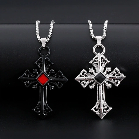 Gothic Vintage Roestvrij Staal Kruis Hanger Ketting Voor Mannen Vrouwen Opengewerkt Ontwerp Met Strass Punk Rock Mode Sieraden Cadeau