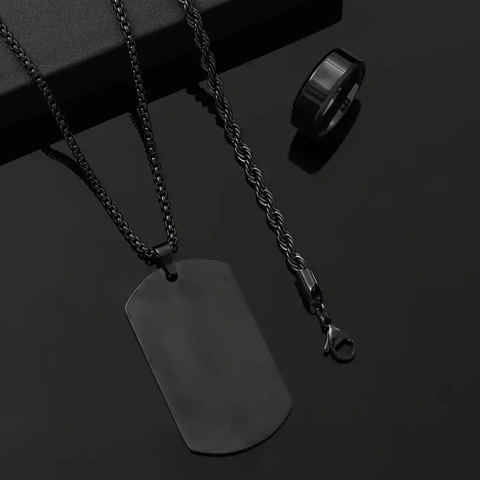 Heren Roestvrij Staal Sieraden Ketting Armband En Ring Zwarte Hondentag Hanger Twist Ketting Punk Industrieel Minimalistische Sieraden