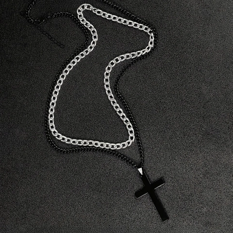 Men's Double Layered Stainless Steel Cross Pendant Necklace Silver Cuban Link Black Chain Punk Street Jewelry