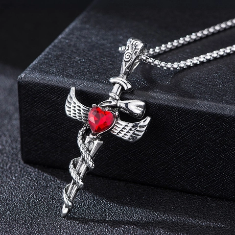 Gotische Zwaard Kruis Ketting Roestvrij Staal Rood Hart Zirconia Vleugels Slang Hanger Hip Hop Punk Heren Sieraden