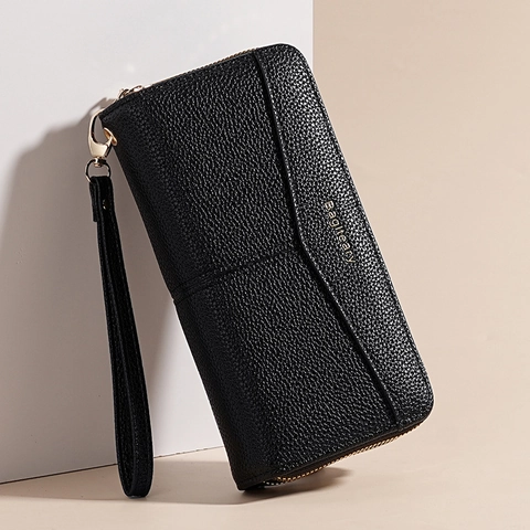 Damen Große Kapazität Doppel Reißverschluss Lange Brieftasche PU Leder Litschi Muster Handgelenktasche Handy Tasche Kartenhalter