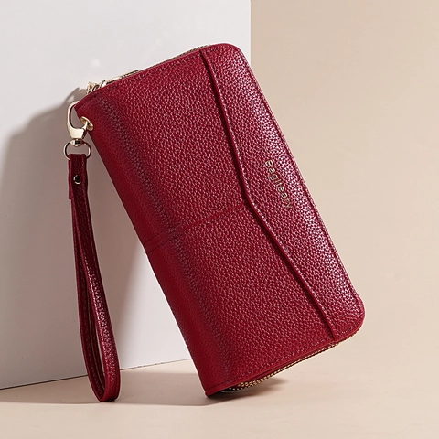Damen Große Kapazität Doppel Reißverschluss Lange Brieftasche PU Leder Litschi Muster Handgelenktasche Handy Tasche Kartenhalter