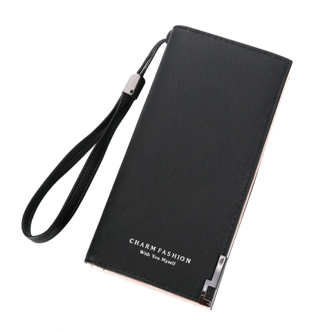 Portefeuille Long en Cuir PU pour Femmes Texture Matte Minimaliste Pochette Avec Dragonne Porte-Cartes Grande Capacité