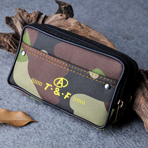 Sac Banane en Toile Camouflage pour Homme avec Double Fermeture Éclair Pochette de Ceinture Tactique Extérieur pour Téléphone
