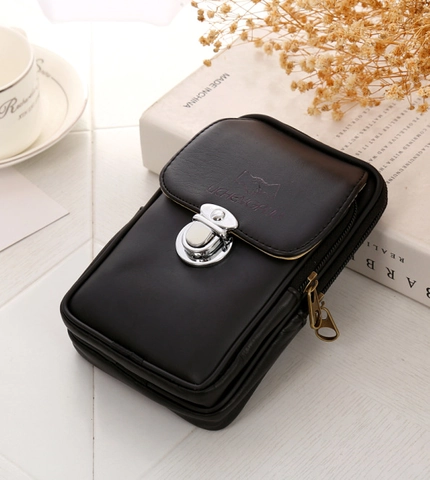 Men's PU Leather Phone Waist Bag Double Layer Belt Loop Pouch Magnetic Snap Vertical Solid Color Casual Mobile Phone Case