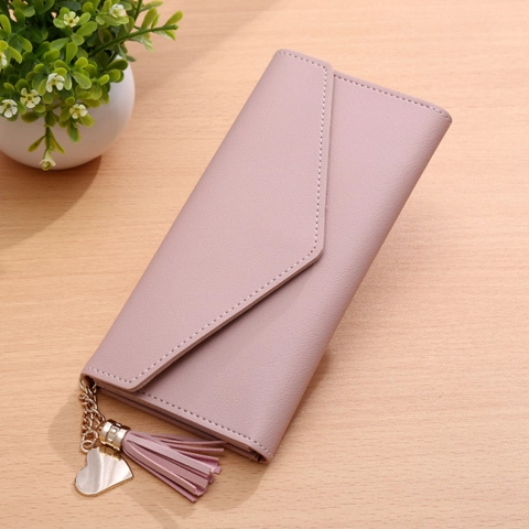 Fashion Women PU Leather Long Wallet Envelope V-Flap Purse With Heart Pendant Tassel Solid Color Card Holder Handbag