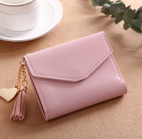 Portafoglio Donna Corto Stile Coreano in Pelle PU Con Nappa Ciondolo a Cuore Motivo Litchi Slot Multi Card Portamonete Piccolo