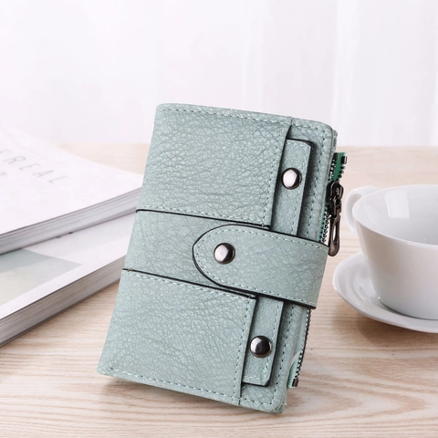 Portafoglio Piccolo da Donna Vintage in Pelle PU Corto Trifold Borchie Fibbia Cerniera Portamonete Porta Carte di Credito
