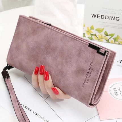 Portefeuille Long en Cuir PU pour Femmes Texture Matte Minimaliste Pochette Avec Dragonne Porte-Cartes Grande Capacité