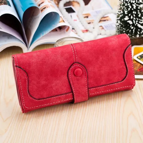 Women's Korean Style Long Wallet Vintage Frosted PU Leather Purse Contrast Stitching Snap Closure Clutch Card Holder