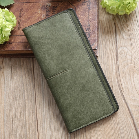 Cartera Larga de Cuero de PU para Mujer Color Sólido Simple Portatarjetas Delgado Clutch Plegable Cierre Magnético Textura de Lichi
