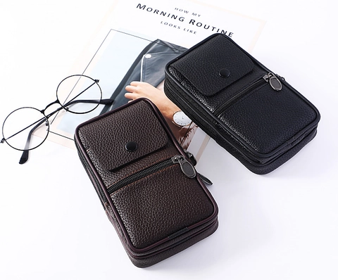 Marsupio Verticale Uomo in Pelle PU Grana Litchi Custodia per Cellulare Tripla Cerniera Design per Uomo Casual Uso Quotidiano