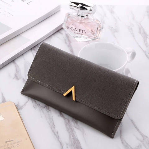 Dames PU Leer Patchwork Lange Portemonnee Met Metalen V-Gesp 3-Voudig Grote Capaciteit Clutch Bag Dagelijks Simpele Tas