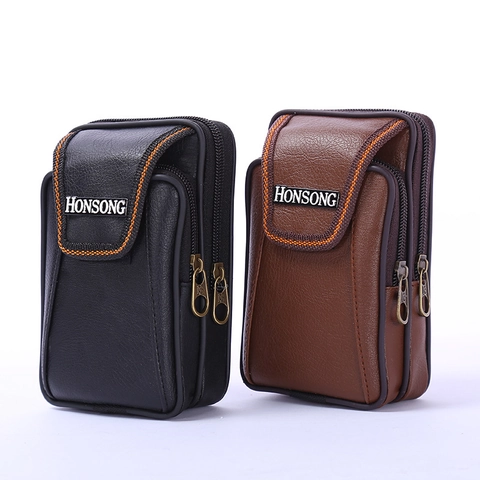 Borsa Verticale da Uomo in Pelle PU per Cellulare Doppia Cerniera Passante per Cintura Marsupio Motivo Litchi Portafoglio Quotidiano