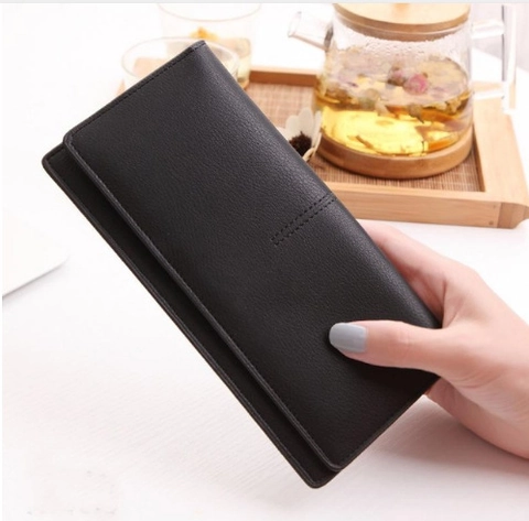 Cartera Larga de Cuero de PU para Mujer Color Sólido Simple Portatarjetas Delgado Clutch Plegable Cierre Magnético Textura de Lichi