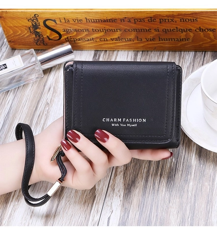 Damen Mode PU Leder Dreifach Gefaltet Kurze Geldbörse Buchstabendruck Reißverschluss Geldbeutel Mit Handschlaufe Kartenfächer Tasche