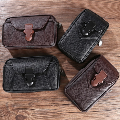 Marsupio da Uomo in Pelle PU per Cellulare Grana Litchi Retro Custodia per Passante per Cintura Portafoglio Doppia Cerniera Per Telefono da 6.5 Pollici Nero Caffè