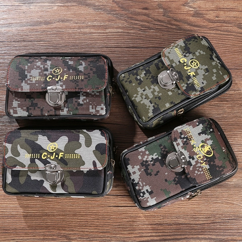 Herren Outdoor-Taktik Camouflage Gürteltasche Segeltuch Handytasche Gürtel Tasche Doppel Reißverschluss Metall Steckschließe Tragbar