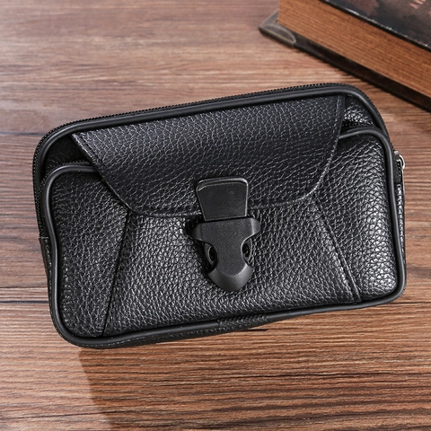 Marsupio da Uomo in Pelle PU per Cellulare Grana Litchi Retro Custodia per Passante per Cintura Portafoglio Doppia Cerniera Per Telefono da 6.5 Pollici Nero Caffè