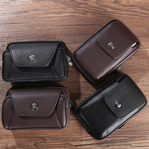Men PU Leather Belt Loop Phone Bag Double Zipper Litchi Texture Flip Cover Waist Pack Casual Mini Wallet Black Coffee