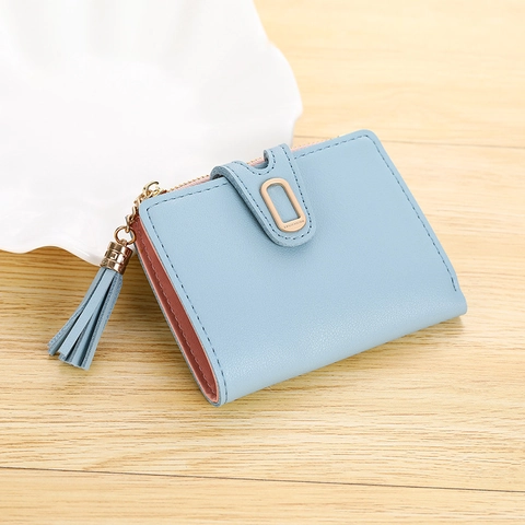 Women's Mini PU Leather Short Wallet Minimalist Solid Color Purse With Tassel Metal Buckle Card Coin Holder Small Clutch