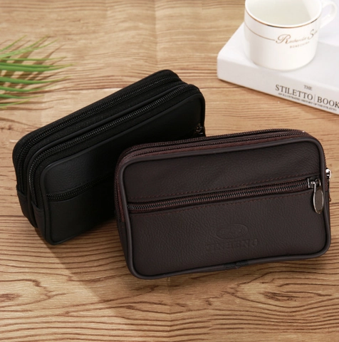Men's PU Leather Waist Bag Waterproof Mobile Phone Pouch Multi-Layer Belt Loop Bag Solid Color Outdoor Casual Pack