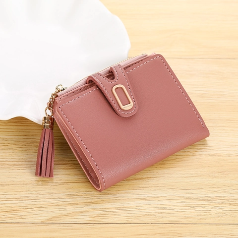 Women's Mini PU Leather Short Wallet Minimalist Solid Color Purse With Tassel Metal Buckle Card Coin Holder Small Clutch