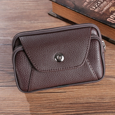 Men PU Leather Belt Loop Phone Bag Double Zipper Litchi Texture Flip Cover Waist Pack Casual Mini Wallet Black Coffee
