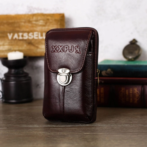 Men's Retro Cowhide Leather Phone Waist Bag Multi Functional Belt Loop Pouch Litchi Pattern Cell Phone Bag Metal Buckle Business Small Crossbody Bag