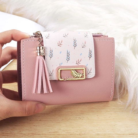 Damen Kurzes PU-Leder Portemonnaie Mit Quaste Blatt Metallschnalle Bifold Münzbörse Kartenhalter Koreanischer Stil Süß Clutch Tasche