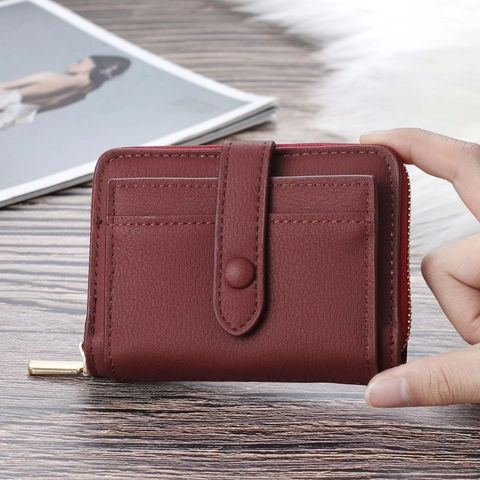 Women Short PU Leather Wallet Zipper Retro Mini Coin Purse Card Holder Multi Slot Snap Buckle Clutch Casual Daily Handbag
