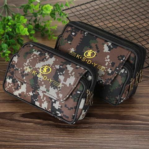 Tactical Canvas Camouflage Waist Bag Men Belt Loop Mobile Phone Pouch Multi-Zipper Wear-Resistant Outdoor Storage Bag