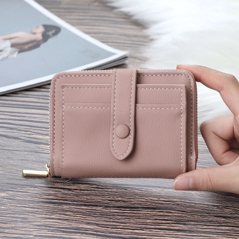 Women Short PU Leather Wallet Zipper Retro Mini Coin Purse Card Holder Multi Slot Snap Buckle Clutch Casual Daily Handbag