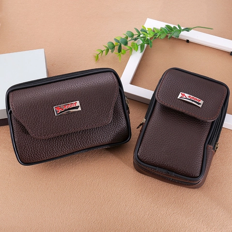 Herren PU-Leder Litschimuster Handy Bauchtasche Sport Outdoor Gürteltasche Mehrschichtiger Reißverschluss Kleine Geldbörse Handytasche