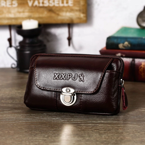 Men's Retro Cowhide Leather Phone Waist Bag Multi Functional Belt Loop Pouch Litchi Pattern Cell Phone Bag Metal Buckle Business Small Crossbody Bag