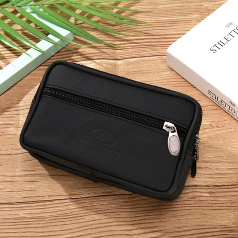 Men's PU Leather Waist Bag Waterproof Mobile Phone Pouch Multi-Layer Belt Loop Bag Solid Color Outdoor Casual Pack