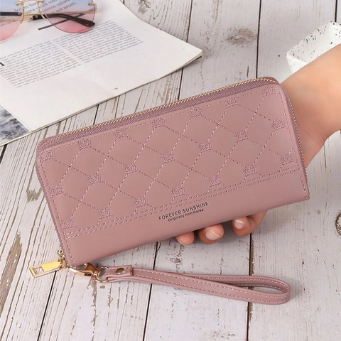 Portefeuille Long pour Femme en Cuir PU Matelassé Diamant Broderie Couronne Pochette à Fermeture Éclair Sac à Main Avec Dragonne Mode Coréenne