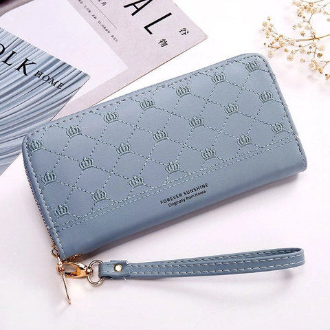 Portefeuille Long pour Femme en Cuir PU Matelassé Diamant Broderie Couronne Pochette à Fermeture Éclair Sac à Main Avec Dragonne Mode Coréenne