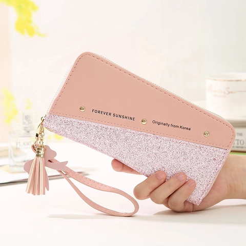 Damen Fashion PU Leder Lange Geldbörse Mit Glitter Patchwork Pailletten Quaste Nieten Reißverschluss Kartenhalter Clutch Handtasche